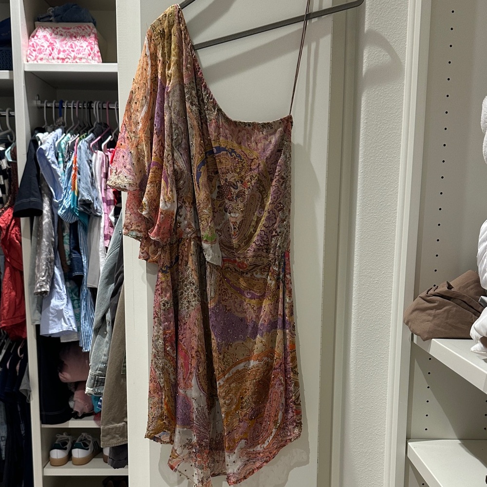 Haute Hippie One-Shoulder Paisley Dress in Pink, Purple and Gold